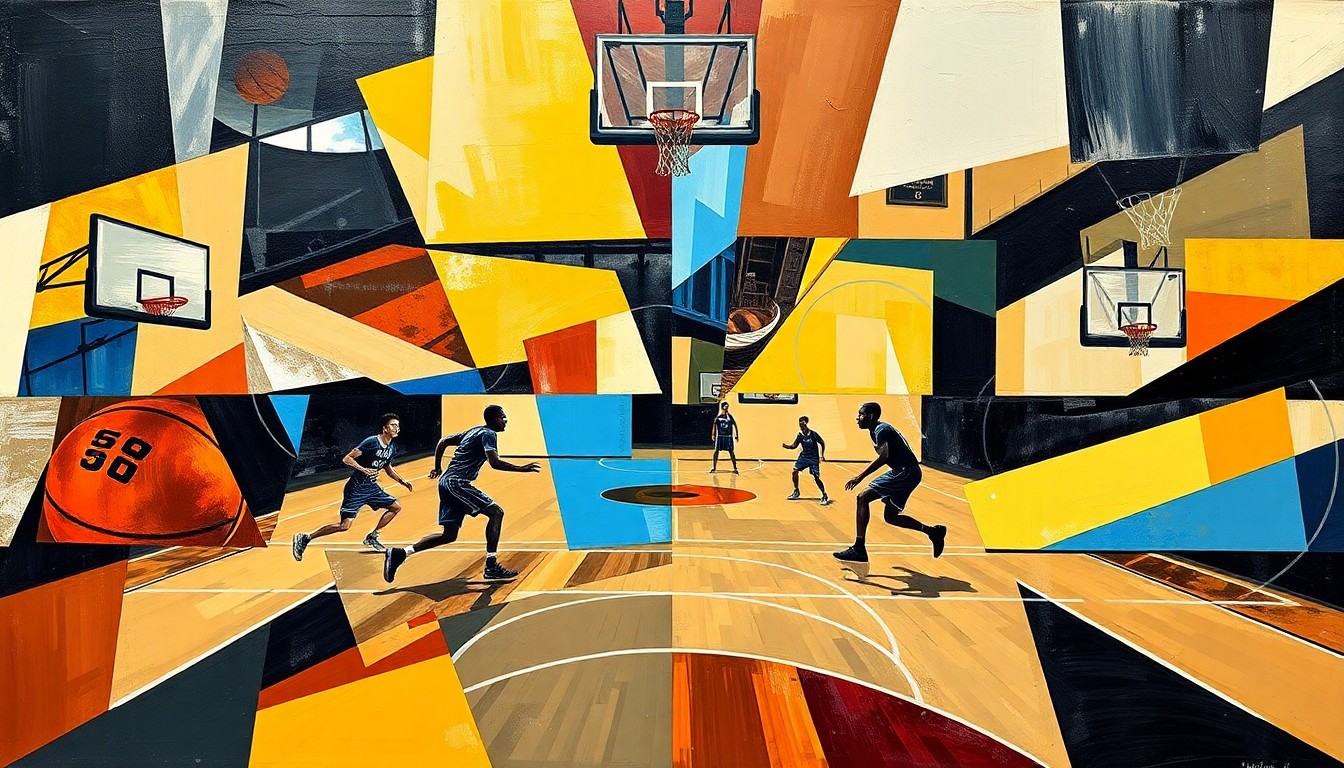 A fractured, cubist-style painting depicting the dynamic movements and lines of a high school basketball game, with the players' forms broken down into sharp, overlapping geometric shapes and planes.