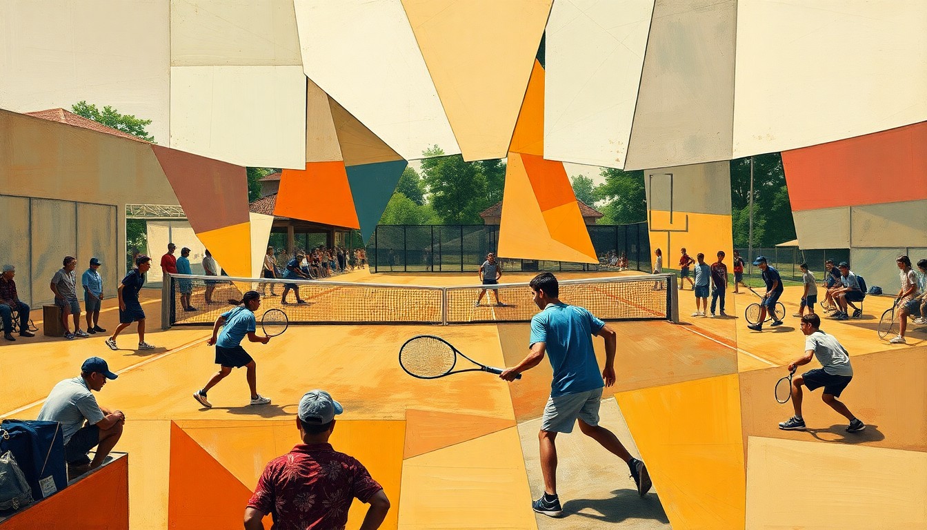 A fragmented, geometric painting depicting the dynamic action and competition of a high school tennis match, with players and the court deconstructed into sharp, overlapping planes of color.