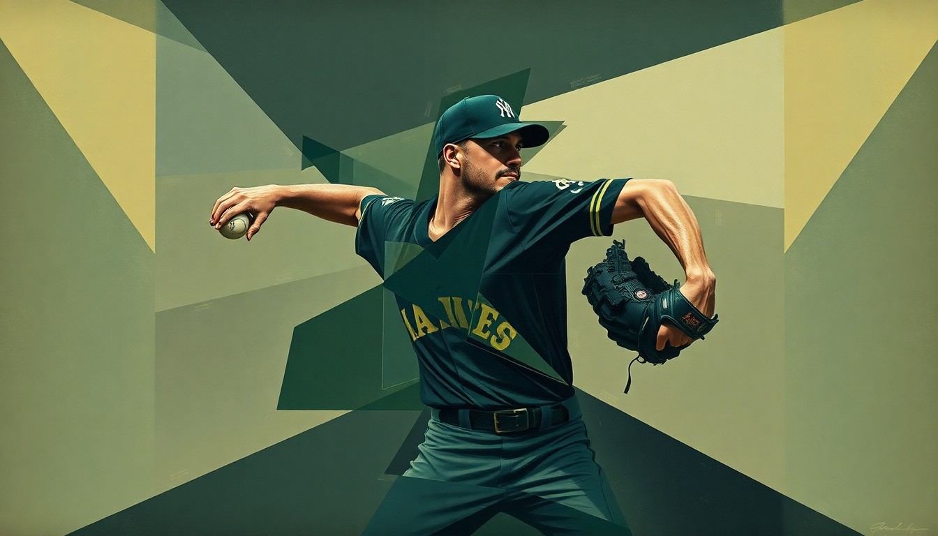 A fragmented, cubist-style painting depicting a baseball pitcher's throwing motion broken down into sharp, overlapping geometric shapes in muted tones, conceptually representing the heated emotions and controversy surrounding a crucial balk call.