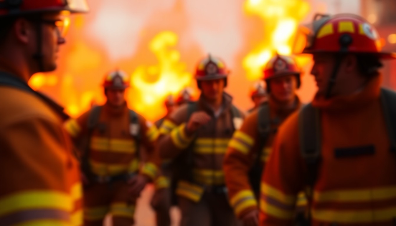 An abstract, impressionistic scene of firefighters in action, with blurred figures and vibrant washes of warm color, conveying the urgency and dedication of the fire department's work.