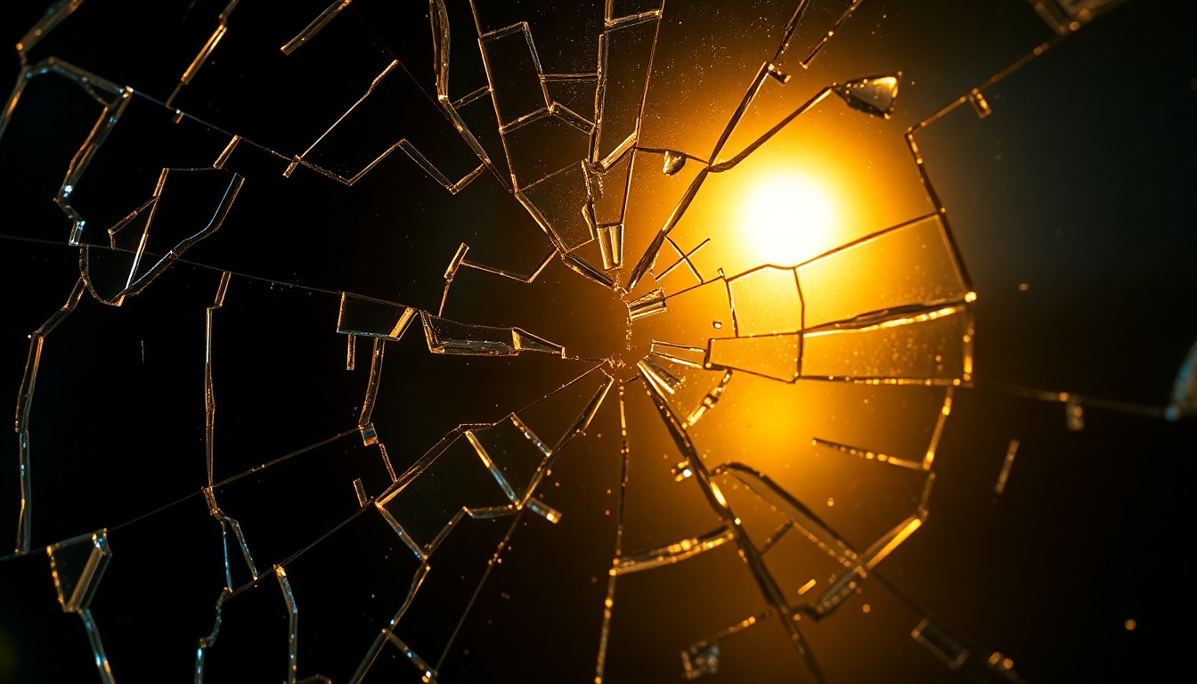 An abstract, high-contrast close-up photograph of a shattered mirror reflecting a warm, golden light, conveying a sense of emotional transformation and growth.