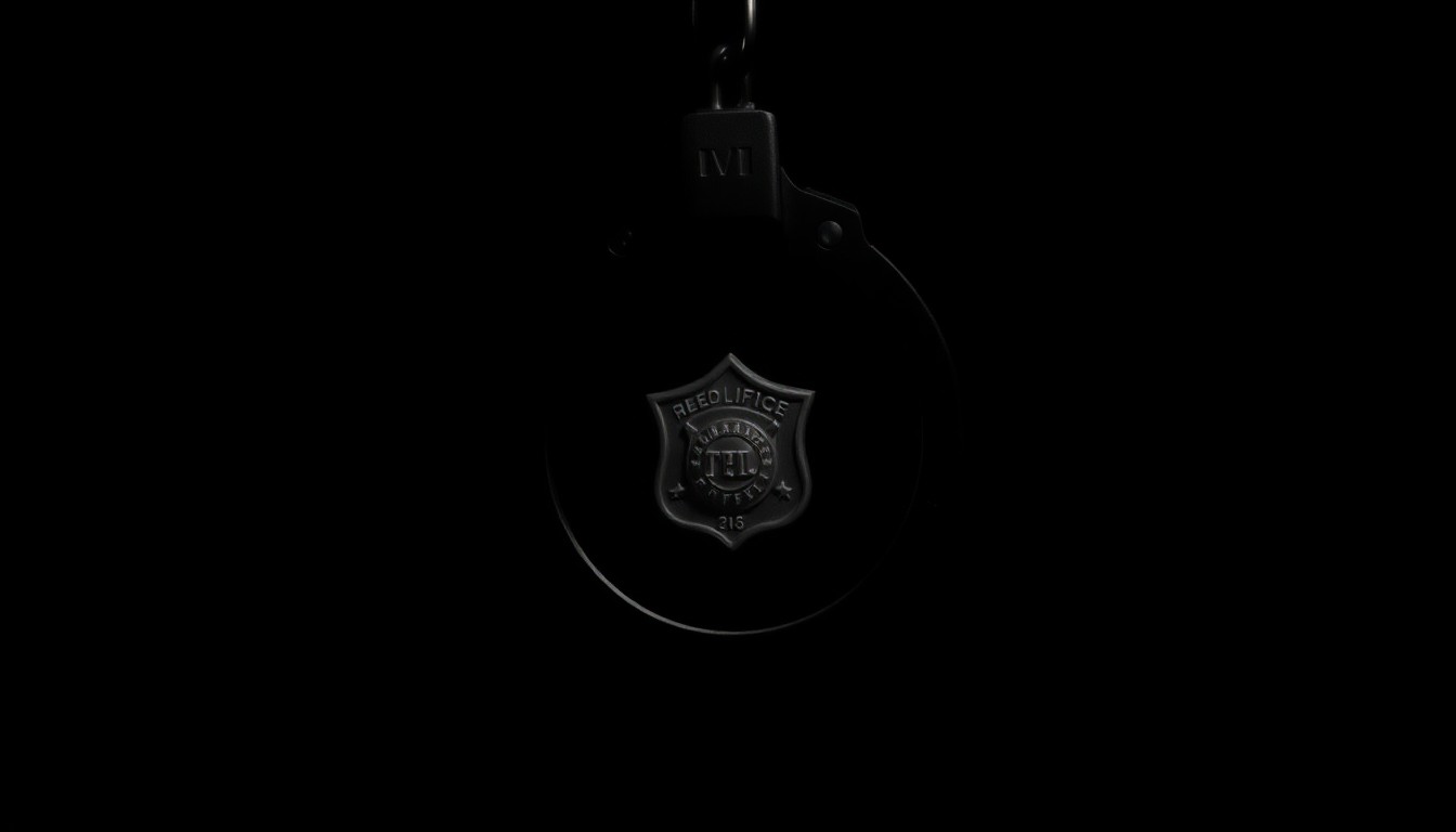 An extreme close-up photograph of a handcuff or police badge against a pitch-black background, lit by a harsh, direct camera flash to create a stark, gritty, investigative aesthetic, conceptually representing the tense and dangerous nature of the immigration enforcement incident.