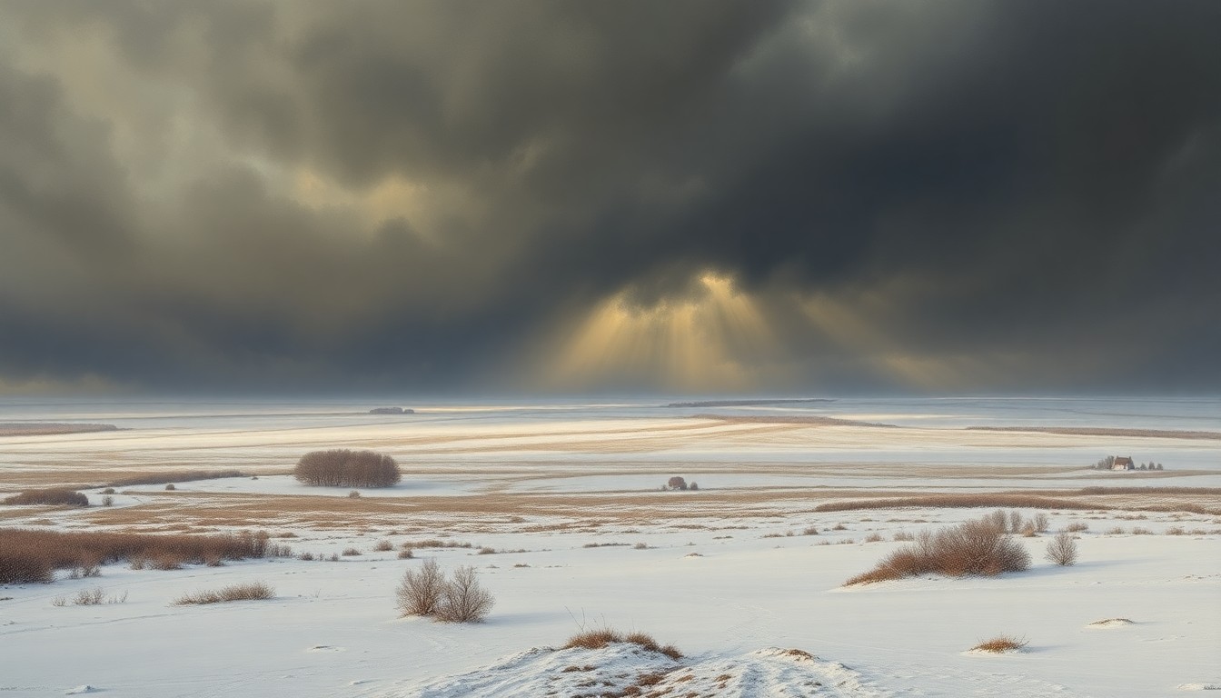 A sweeping, atmospheric landscape painting in muted tones of gray, blue, and white, depicting a vast, frozen field under a dramatic, cloudy sky, conveying the overwhelming power of nature's unpredictable weather.