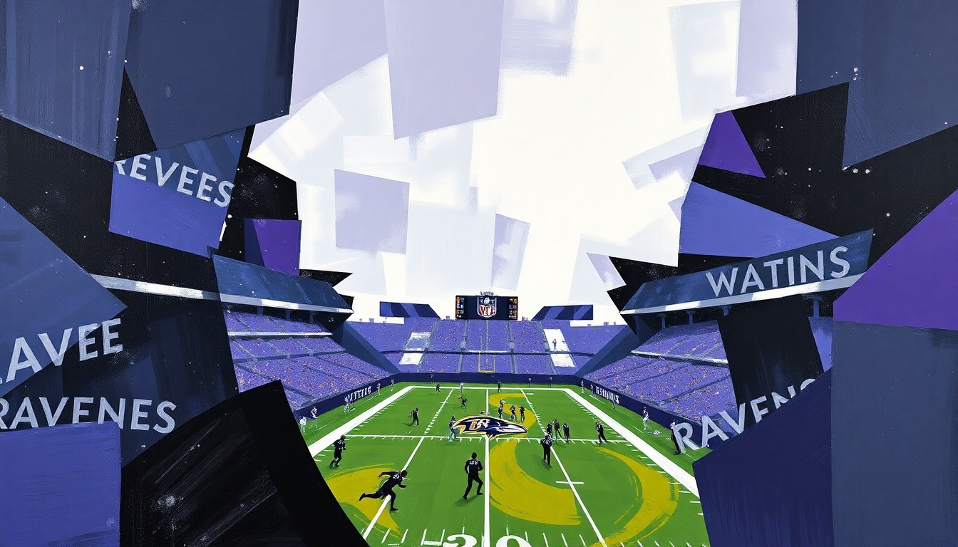 A fragmented, cubist-style painting depicting a Ravens football game, with sharp geometric shapes in the team's colors of purple and black overlapping to create a dynamic, multi-angled visual representation of the high-intensity action on the field.