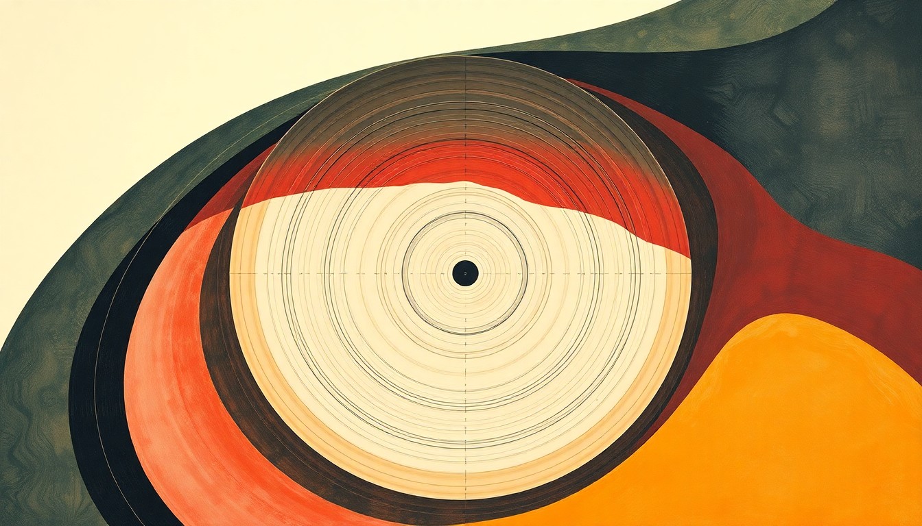 A bold, abstract painting in soft colors featuring sweeping geometric arcs, concentric circles, and precise spirals, conceptually representing the complex algorithms and intersecting waveforms of the ACAS X collision avoidance system.