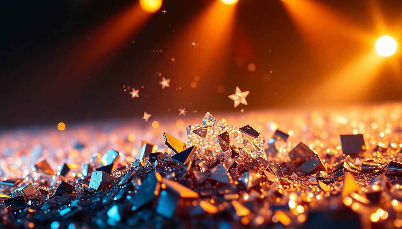 An extreme close-up photograph of sparkling sequins and shattered glass reflecting dramatic studio lighting, conceptually representing the glitz and glamour of a major rock concert production.