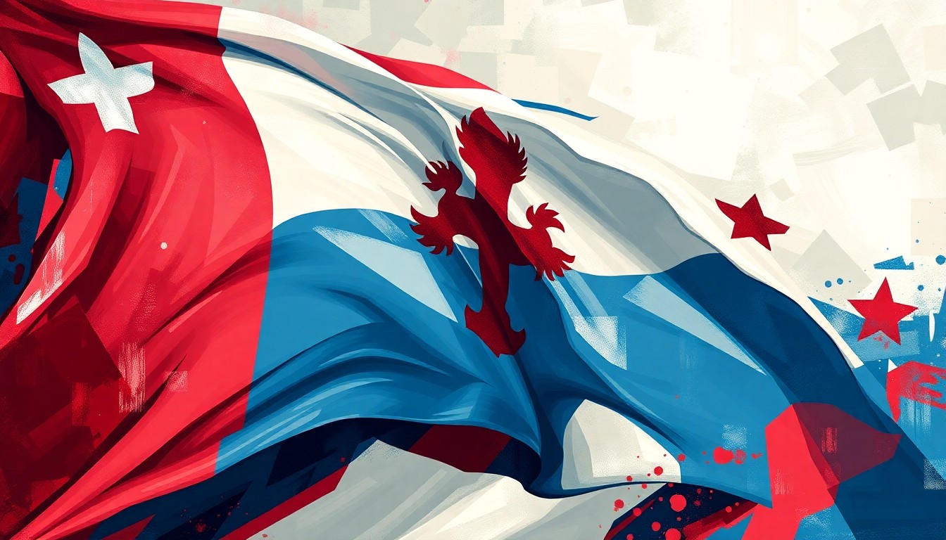 A vibrant, abstract painting featuring overlapping geometric shapes and waves of red, white, and blue, conceptually representing the dynamic and fractured nature of the South Carolina Senate race.