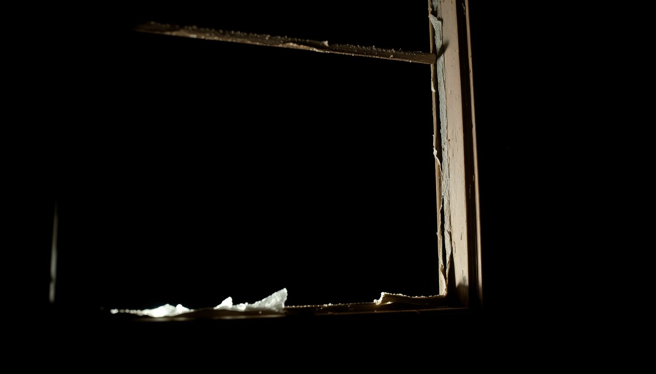 An extreme close-up photograph of a damaged nursing home window frame, reflecting the harsh lighting and gritty aesthetic of the crime scene investigation.