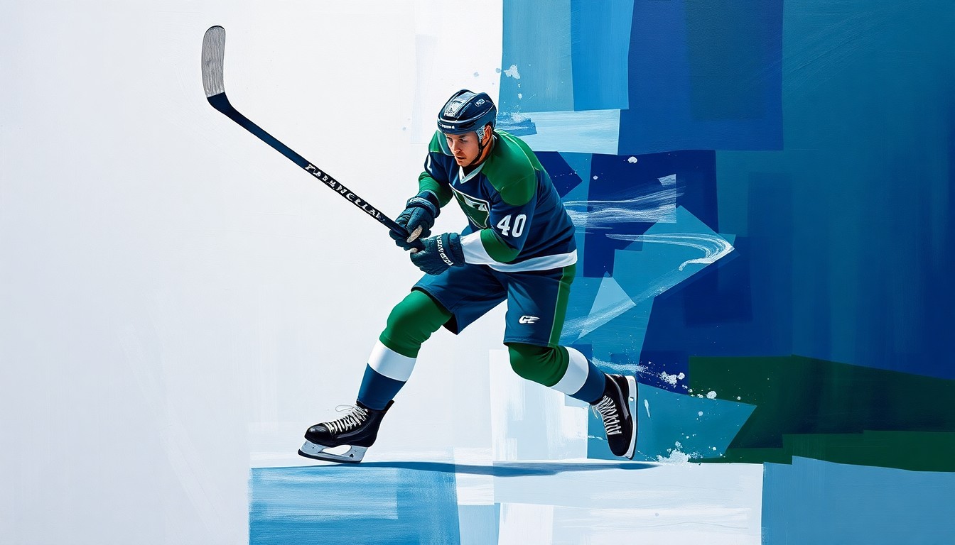 A fragmented, geometric painting depicting a hockey player in mid-stride, their stick raised, with sharp, overlapping planes of navy blue, forest green, and metallic silver, capturing the raw athleticism and dynamism of the sport.