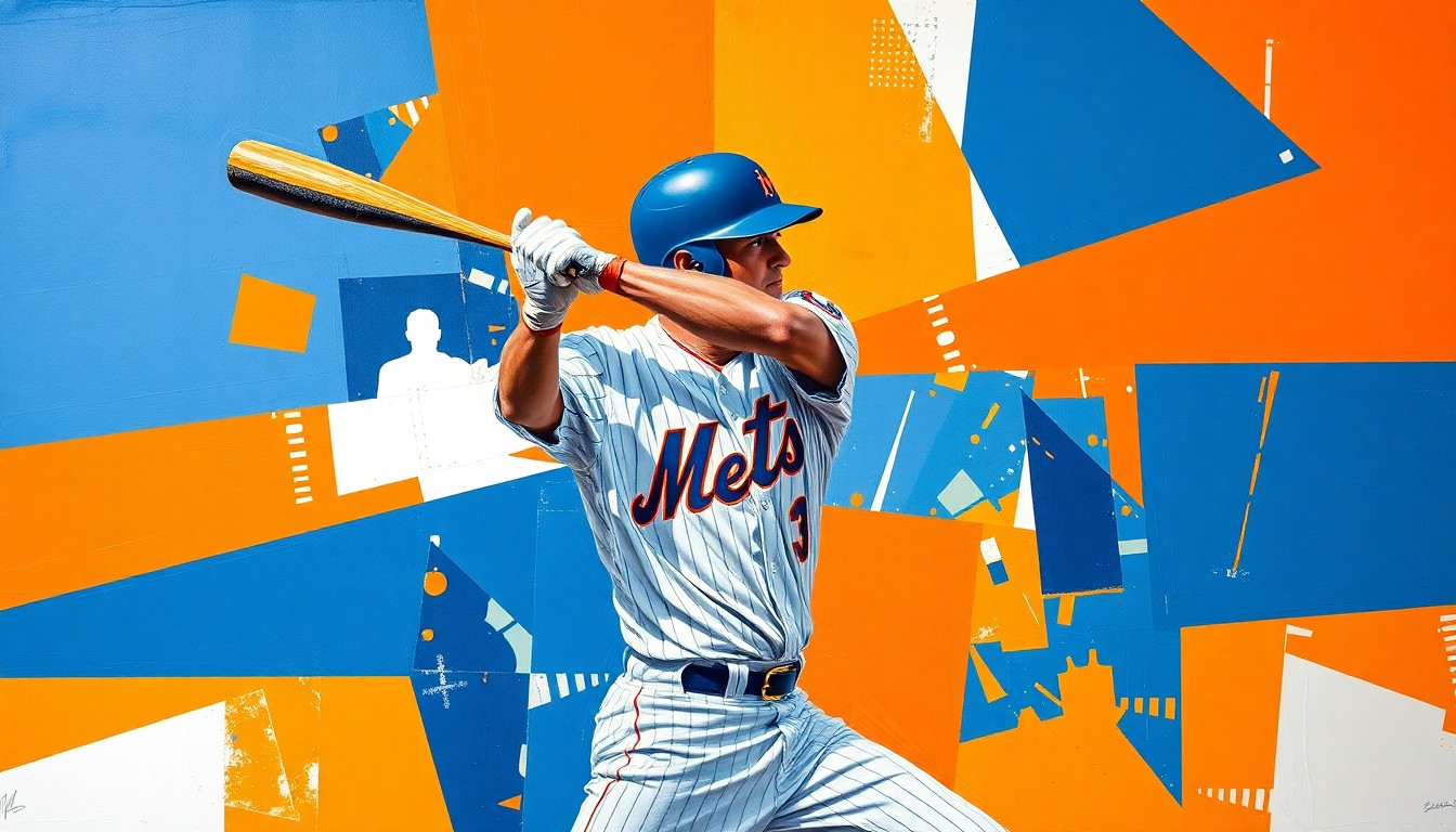 A cubist-style painting depicting a baseball player's swing broken down into sharp, overlapping geometric shapes in vibrant blues, oranges, and whites, capturing the dynamic energy of the game.