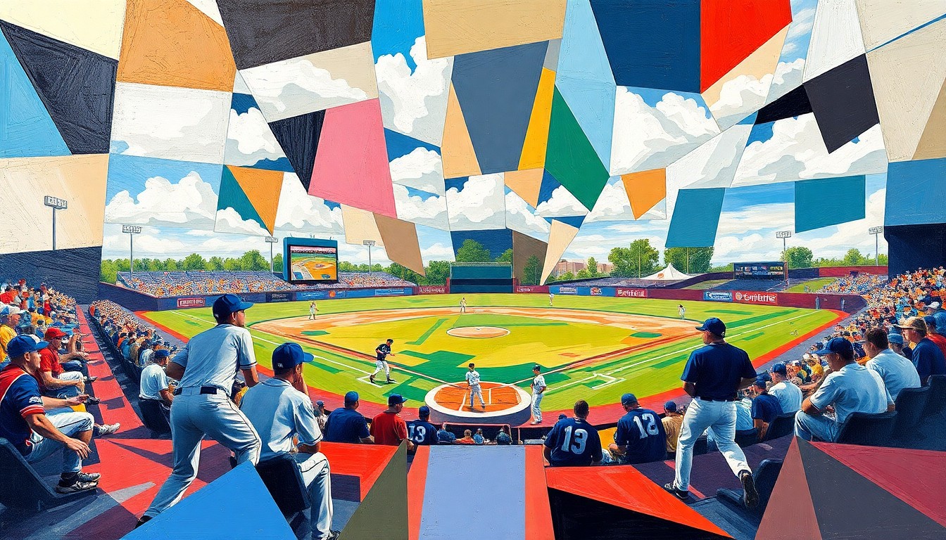 A fragmented, geometric painting depicting a high school baseball game, with the players and field reduced to abstract shapes and planes of color.