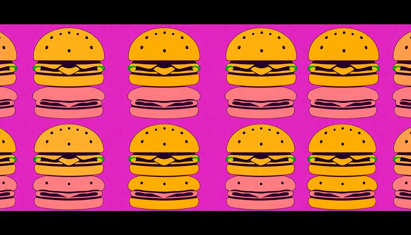 A highly stylized, abstract grid of brightly colored burger icons in neon shades of red, yellow, and blue, conceptually representing the opening of a new fast-food restaurant in a shopping mall setting.