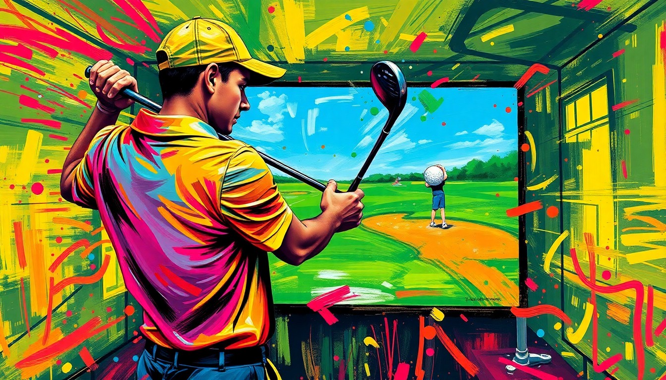 An extreme close-up of a golfer's club and ball on a simulated golf course, rendered in a vibrant, expressionist painting style with rapid brushstrokes and neon colors that capture the raw energy and dynamic movement of the swing.