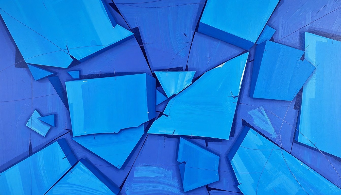 A vibrant, abstract painting with overlapping, geometric shapes and lines in shades of blue and purple, conveying a sense of political tension and unrest.