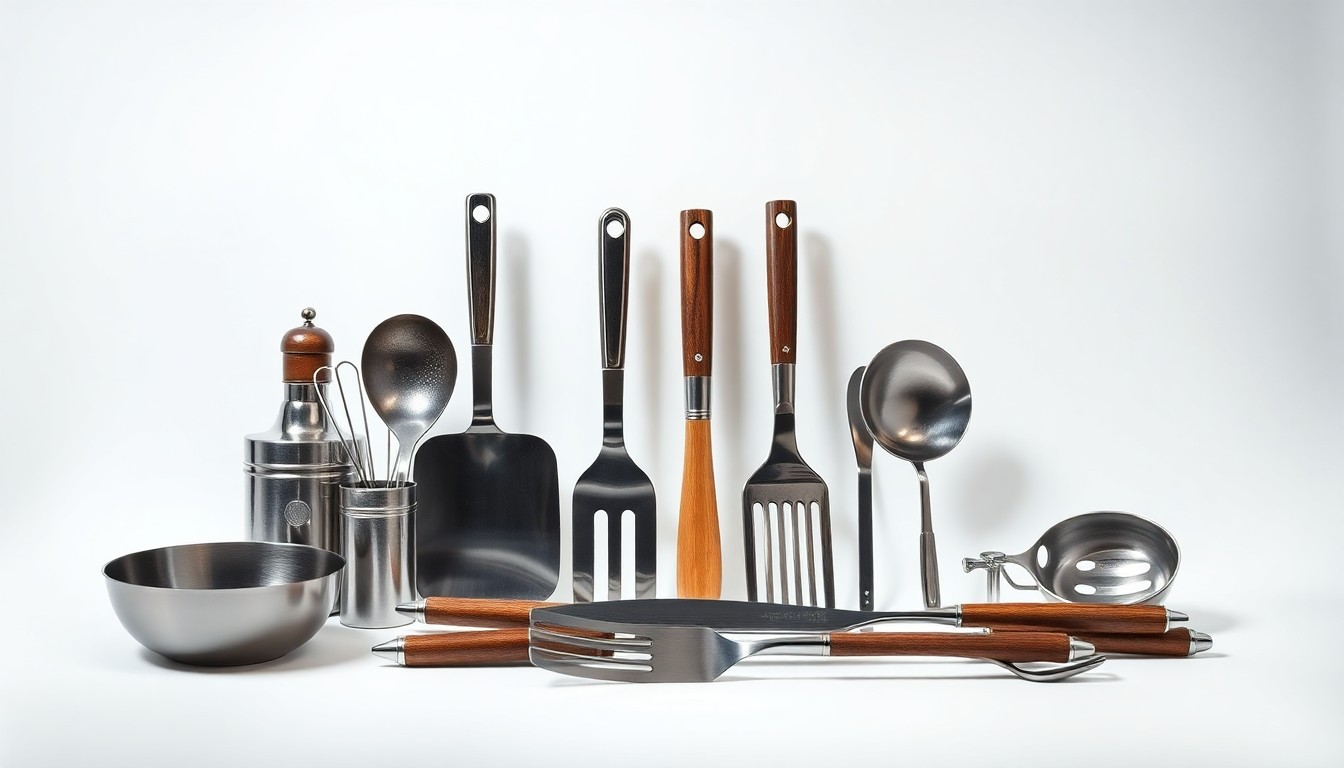 A photorealistic studio still life featuring a collection of polished kitchen tools and utensils arranged elegantly on a clean, monochromatic background, symbolizing the challenges and perseverance required to rebuild a restaurant after a devastating fire.
