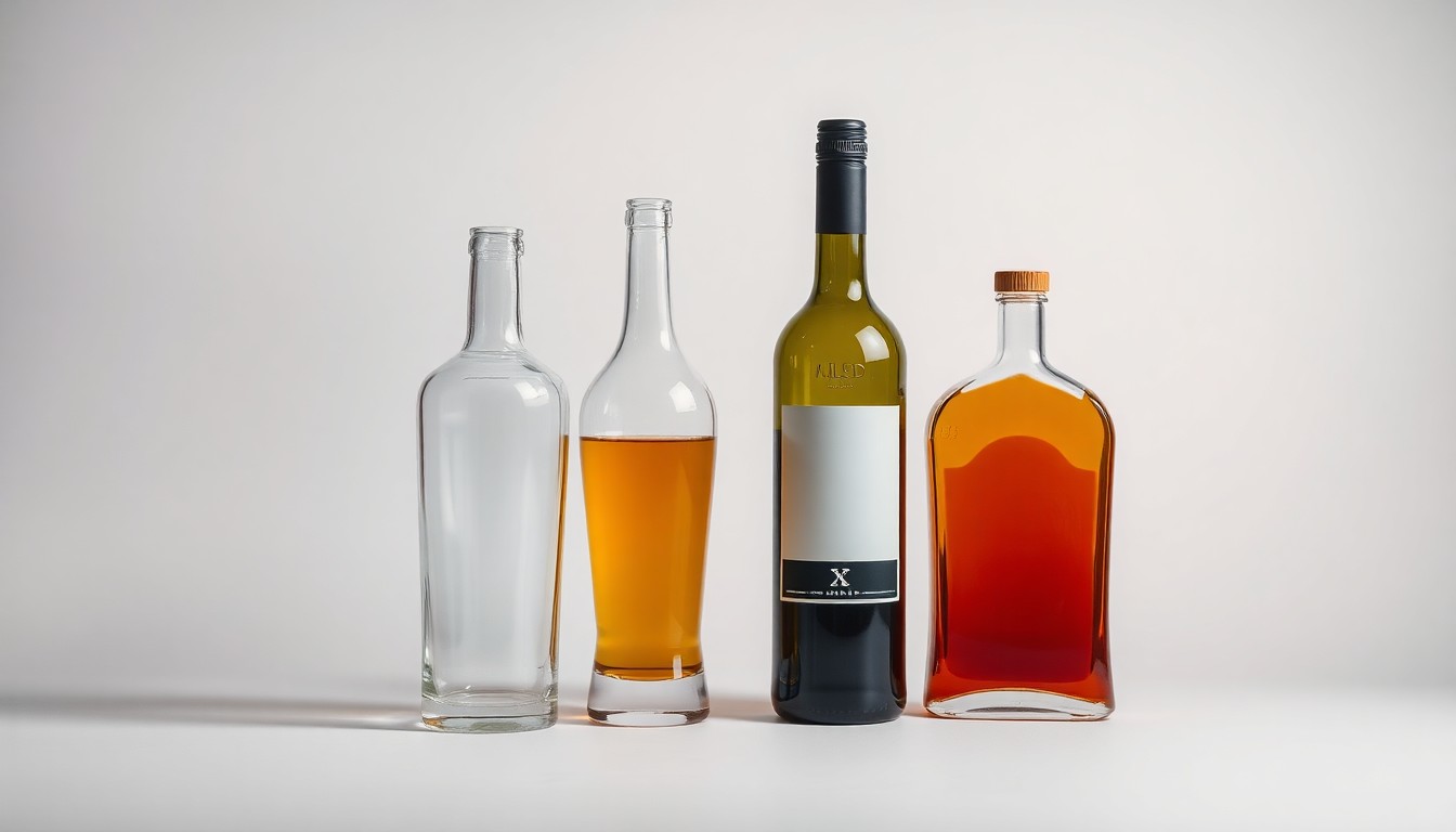 A photorealistic studio still life featuring a glass beer bottle, wine bottle, and liquor bottle arranged elegantly on a clean, monochromatic background, using dramatic lighting to symbolize the corporate forces behind the acquisition of a local business.