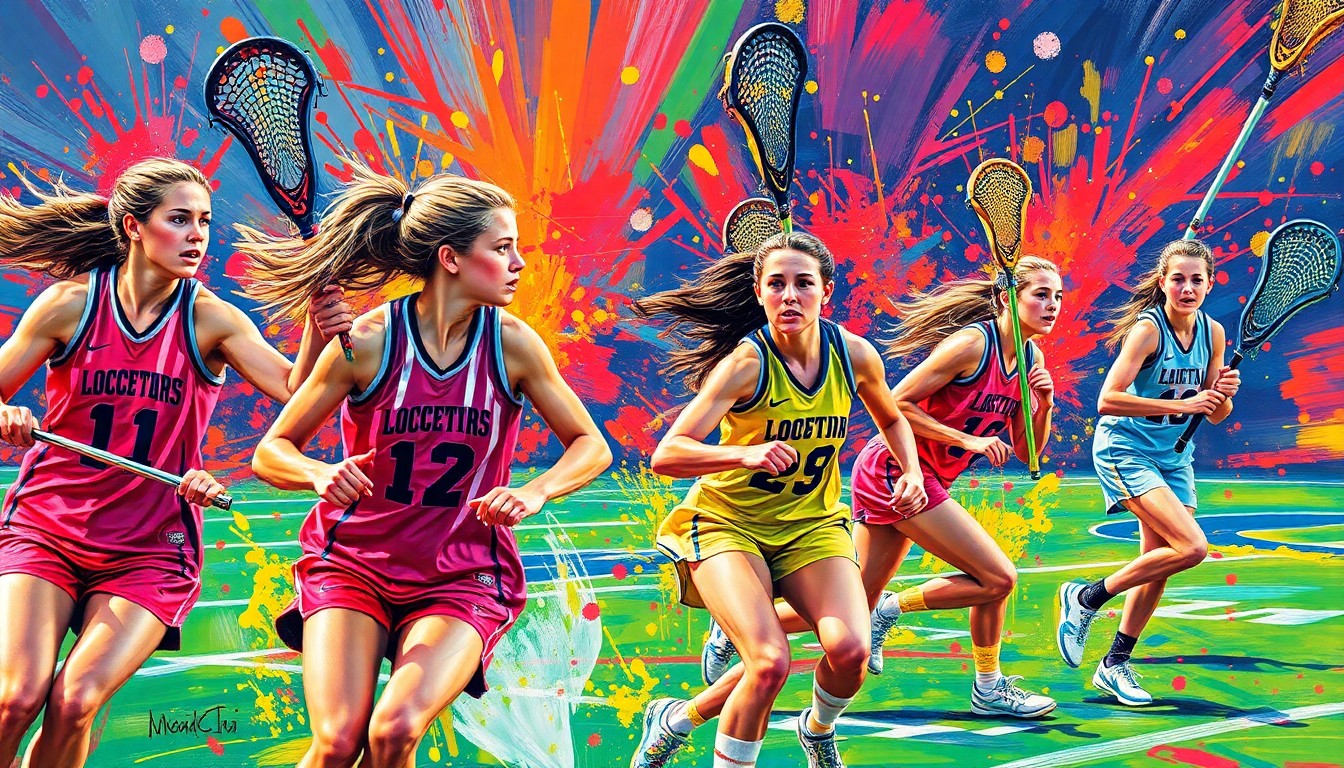An abstract expressionist painting in neon colors featuring rapid brushstrokes and dissolving figures, conveying the dynamic energy of a girls lacrosse game.