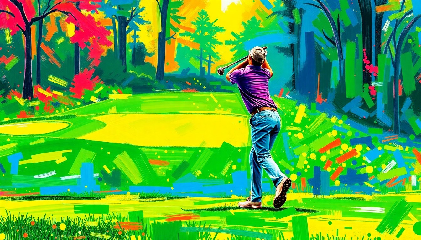 An abstract, energetic painting in neon colors depicting the dynamic motion of a golfer's swing, conveying the intensity and personal triumph of a professional athlete's comeback.