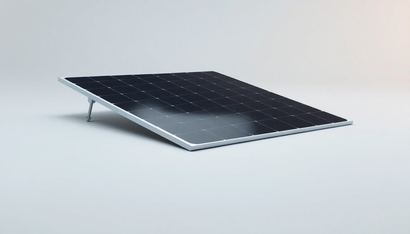 A high-end, photorealistic studio still-life photograph of a sleek, modern solar panel resting on a clean, monochromatic background, symbolizing the city's transition to renewable energy.
