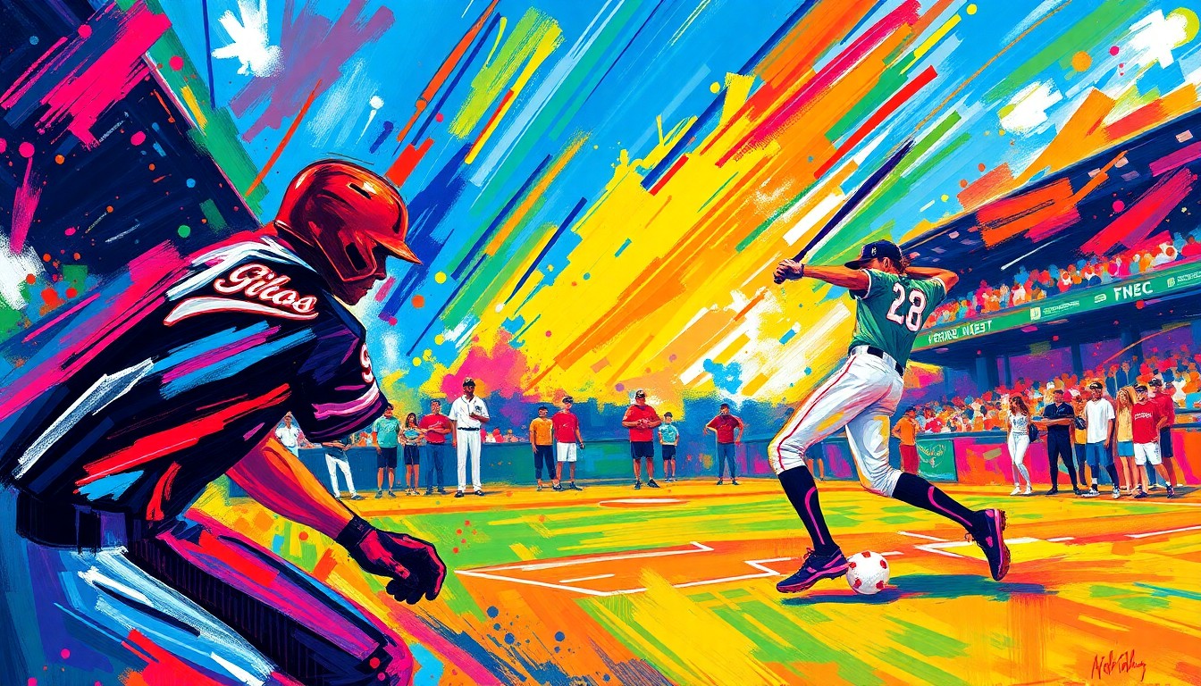 An abstract, energetic painting in vibrant neon colors and rapid brushstrokes, capturing the raw intensity and competitive spirit of a high school baseball rivalry game.