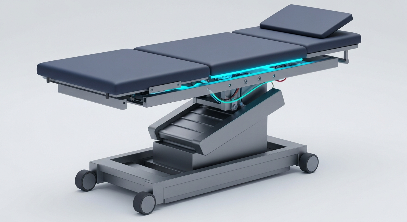 A ghostly, glowing X-ray image of the internal metal frame and components of a medical examination table, revealing its intricate structure in a conceptual illustration for a new urgent care facility.