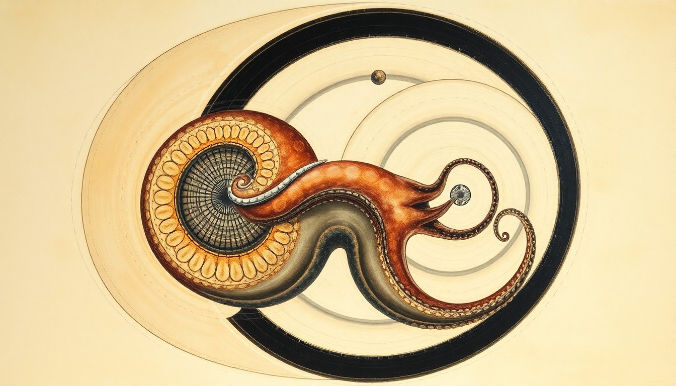 A highly structured abstract painting in muted earth tones, featuring sweeping geometric arcs, concentric circles, and precise botanical spirals, conceptually representing the complex evolutionary relationships between nautiloids and octopuses.