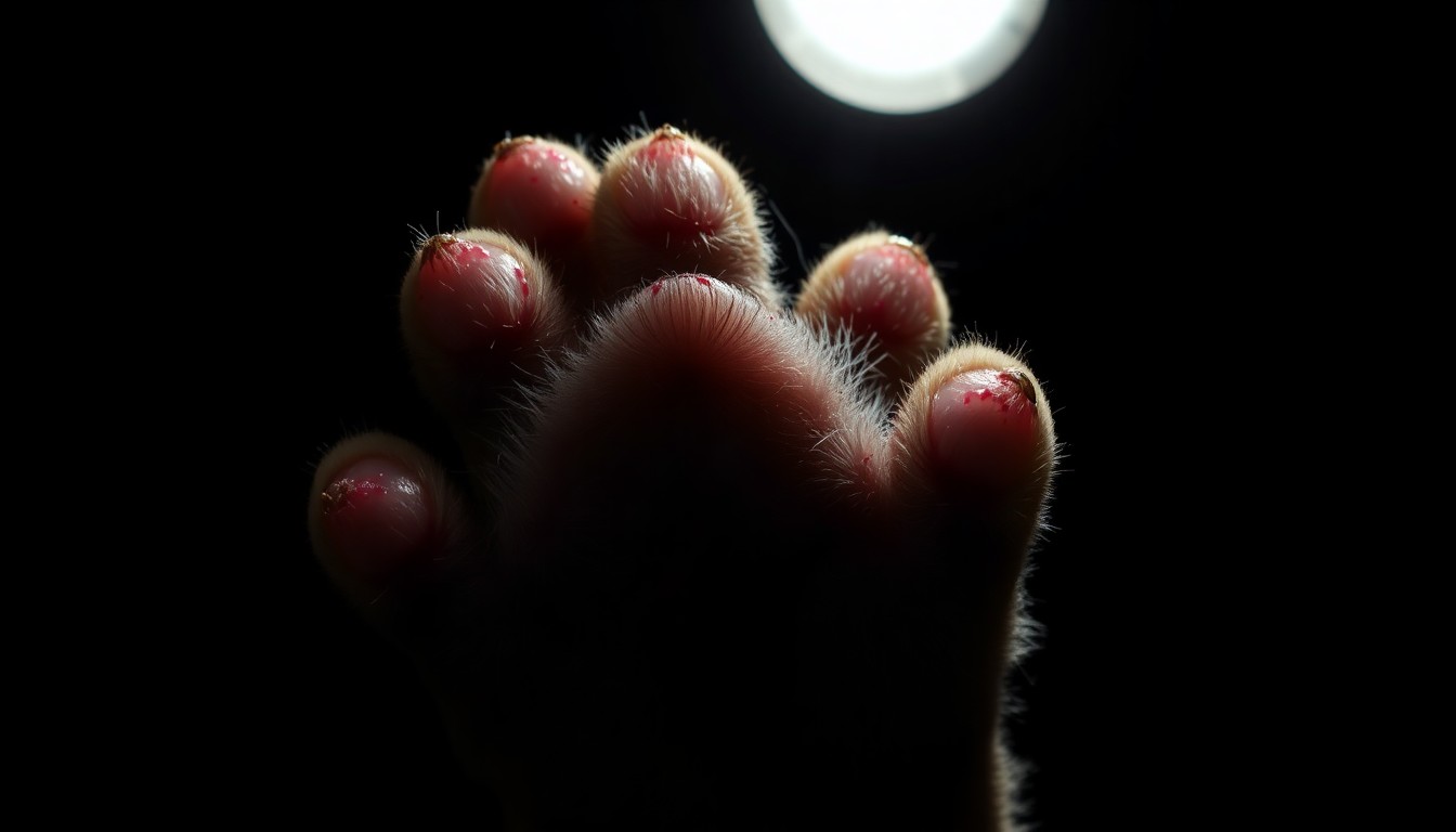 An extreme close-up photograph of a puppy's paw with visible wounds and scars, conveying a stark, gritty, and investigative aesthetic to conceptually represent the animal cruelty case.