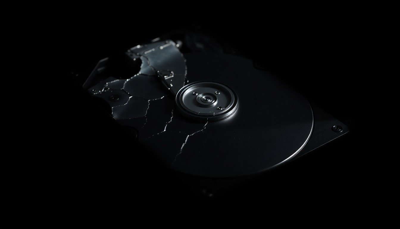 An extreme close-up photograph of a cracked and damaged computer hard drive, lit by a harsh, direct camera flash against a pitch-black background, conceptually representing the data security issues exposed by the Heart South Cardiovascular Group breach.