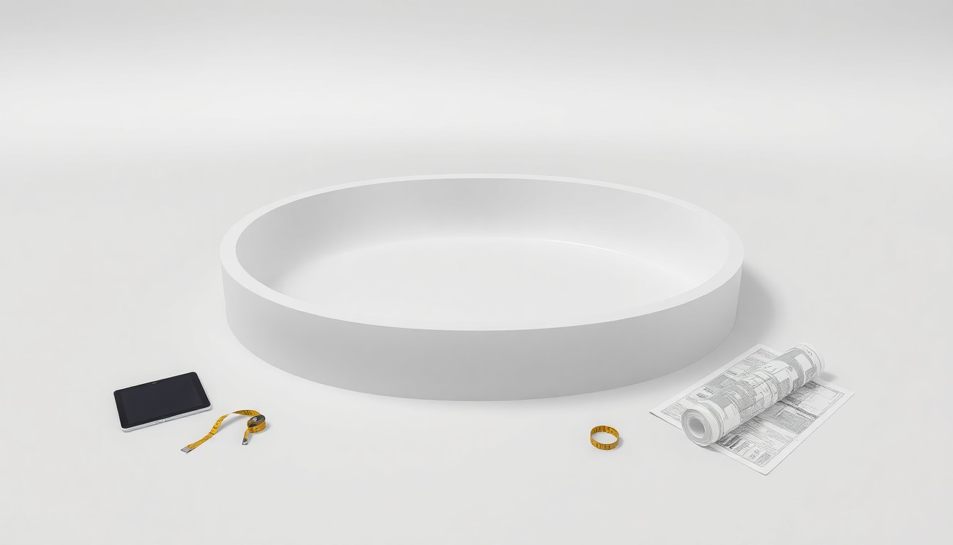 A high-end, photorealistic studio still-life photograph featuring a sleek, modern fiberglass pool shell in a neutral color palette, resting on a clean, monochromatic seamless background with minimal yet premium-looking accessories that symbolize the pool-buying experience.