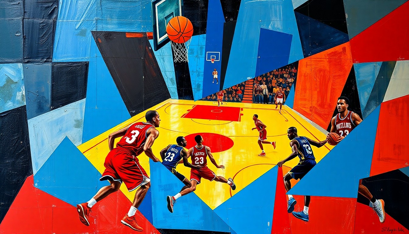 A cubist, geometric painting depicting the dynamic motion and energy of a basketball game, with the players' forms broken down into abstract shapes and planes of color.