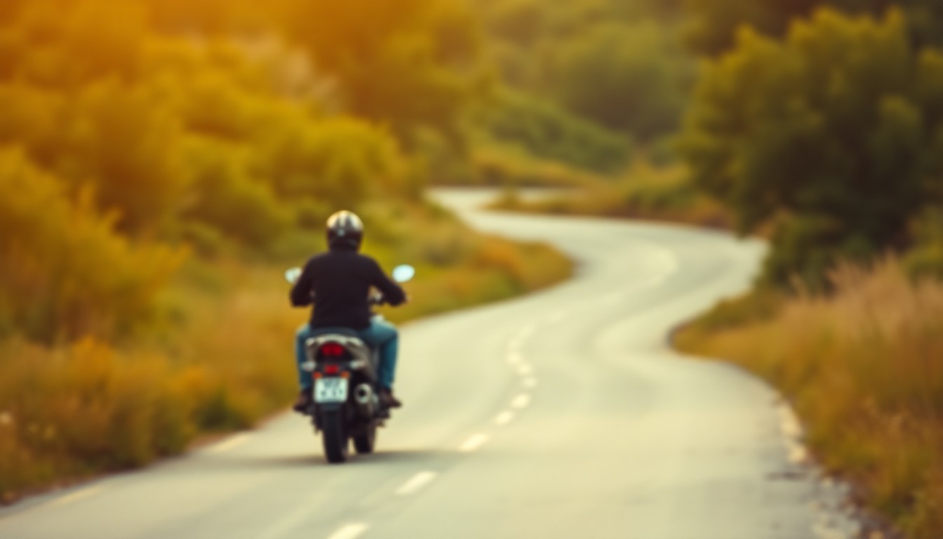 A dreamy, impressionistic photograph in muted earth tones showing the silhouette of a lone motorcycle rider on a winding country road, surrounded by blurred greenery and a soft, atmospheric glow, capturing the peaceful, reflective spirit of the story.
