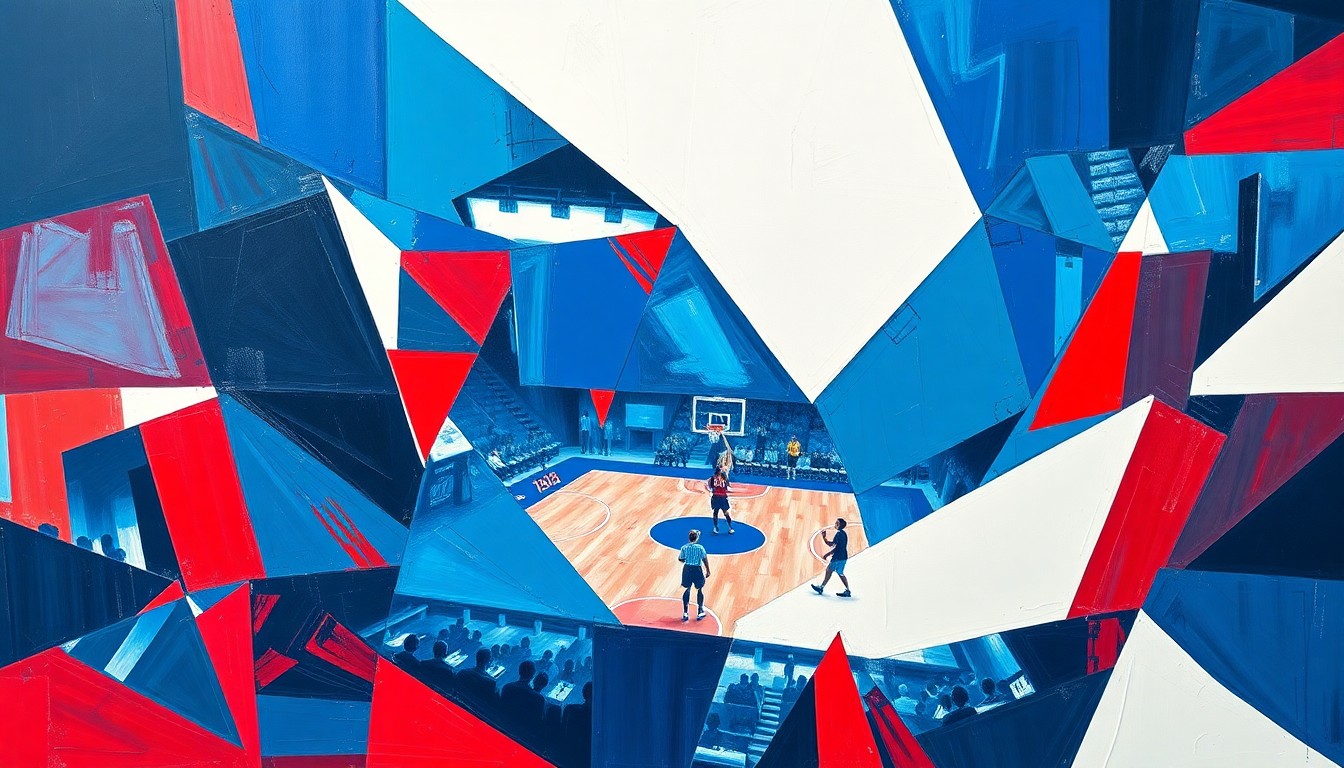 A cubist, geometric painting depicting fragmented and overlapping shapes in navy, red, and white, representing the chaotic energy of a high-stakes women's basketball game.