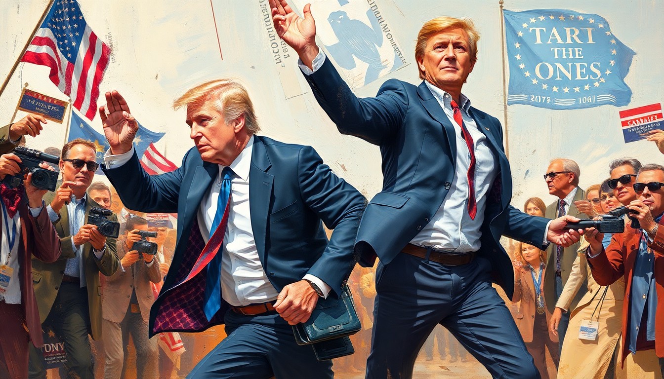 A vibrant, abstract painting with overlapping geometric shapes and brushstrokes in shades of blue, red, and yellow, conveying a sense of motion and political energy.