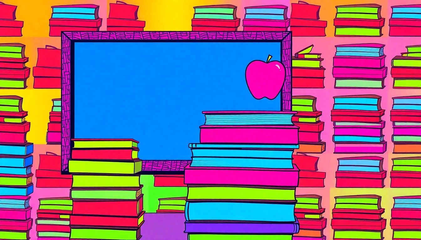 A vibrant, pop art-inspired illustration featuring repeating patterns of school supplies like textbooks, chalkboards, and apples, conceptually representing the growth and evolution of a private, faith-based educational institution.