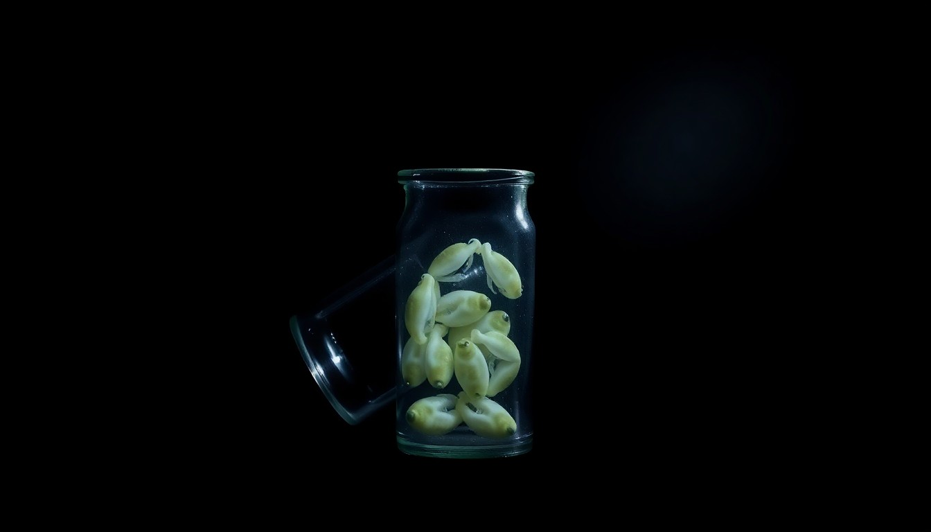 An extreme close-up photograph of a small glass vial containing frog embryo samples, lit by a harsh, direct camera flash against a pitch-black background, conceptually illustrating the scientific evidence at the center of this case.