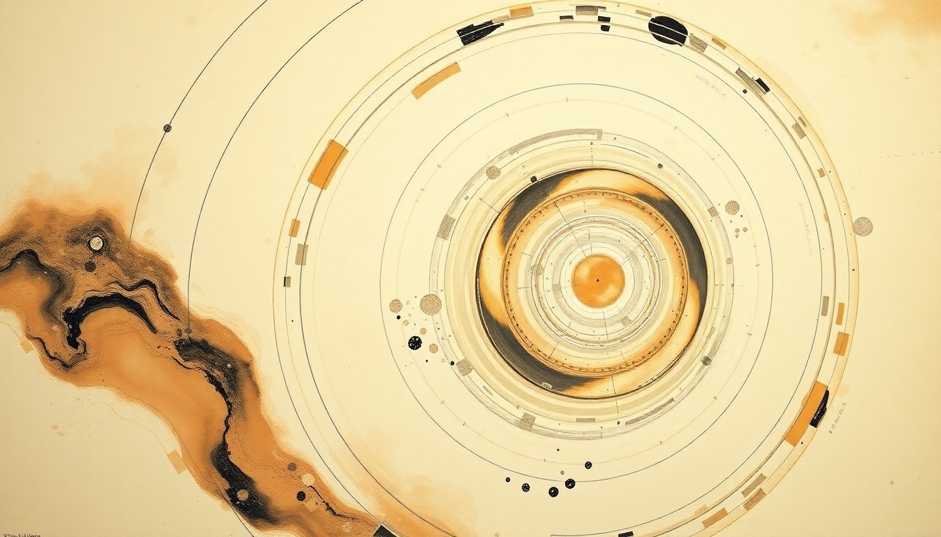 A highly structured abstract painting in soft earth tones, featuring sweeping geometric arcs, concentric planetary circles, and precise botanical spirals, conceptually representing the complex forces and concepts of space travel.