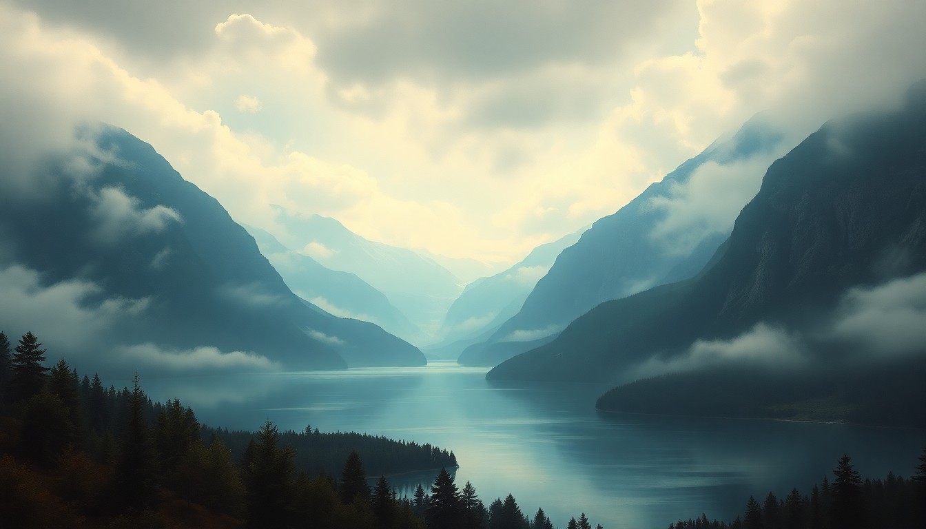 A sweeping, atmospheric landscape painting depicting a serene lake surrounded by towering, mist-shrouded mountains, conveying the overwhelming scale and power of the natural world.