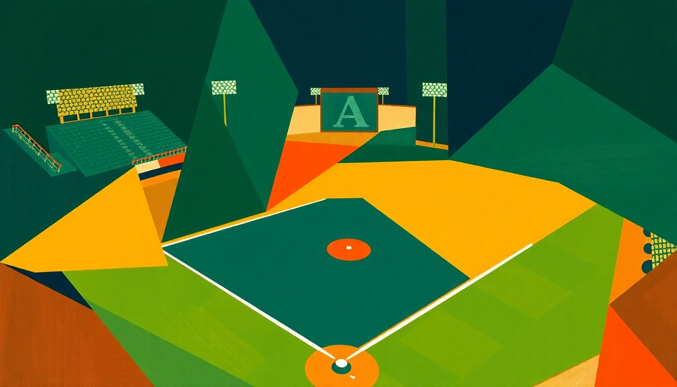 A fragmented, geometric painting depicting a baseball game, with sharp planes of color representing the players, field, and action, without any recognizable faces or logos.