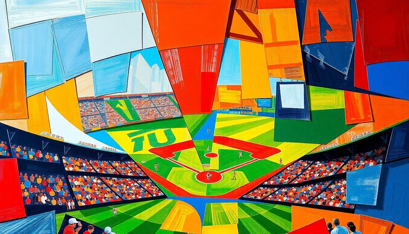 A fractured, multi-perspective painting featuring sharp, overlapping geometric planes in vibrant colors like crimson red, orange, and royal blue, conceptually representing the back-and-forth action of a baseball game between the Miami Hurricanes and FIU Panthers.