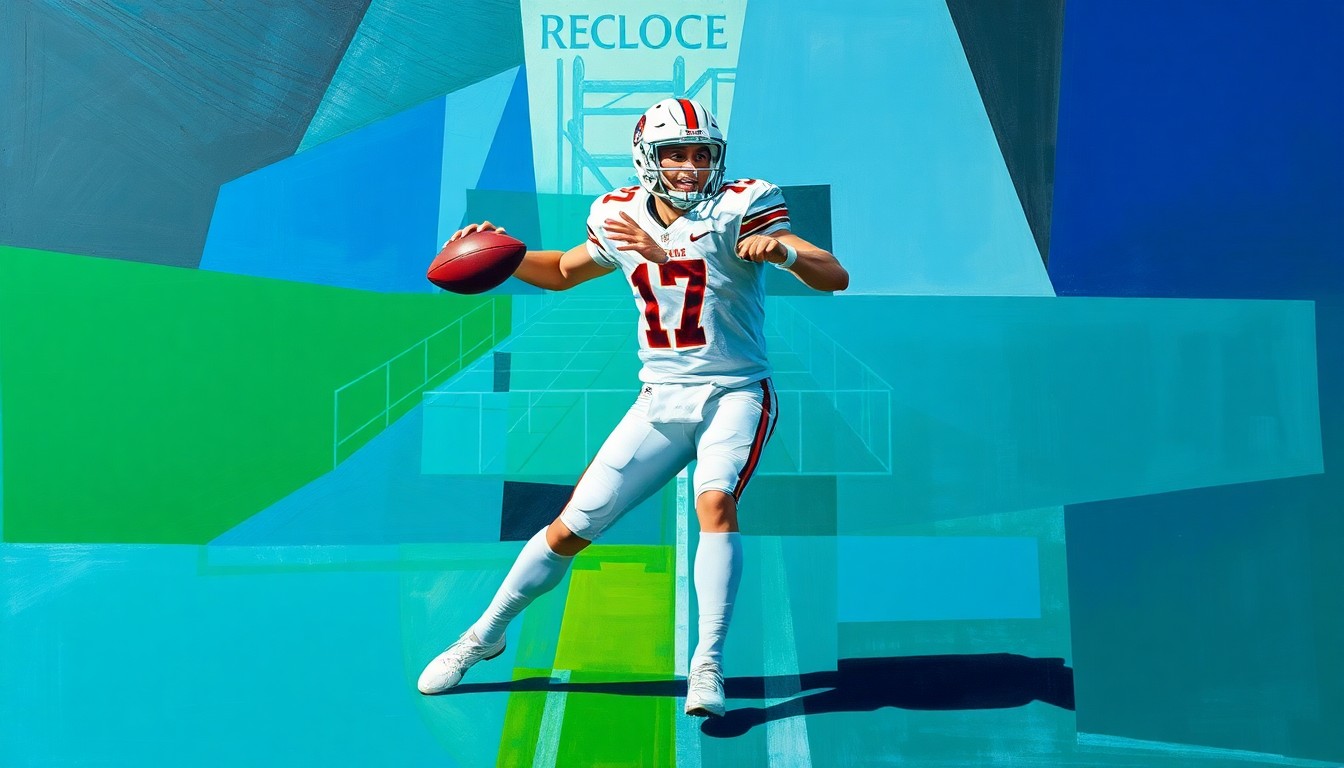 A cubist, geometric painting depicting a college football player in motion, with their body and equipment fractured into sharp, overlapping planes of color, conceptually representing the transition from quarterback to wide receiver.