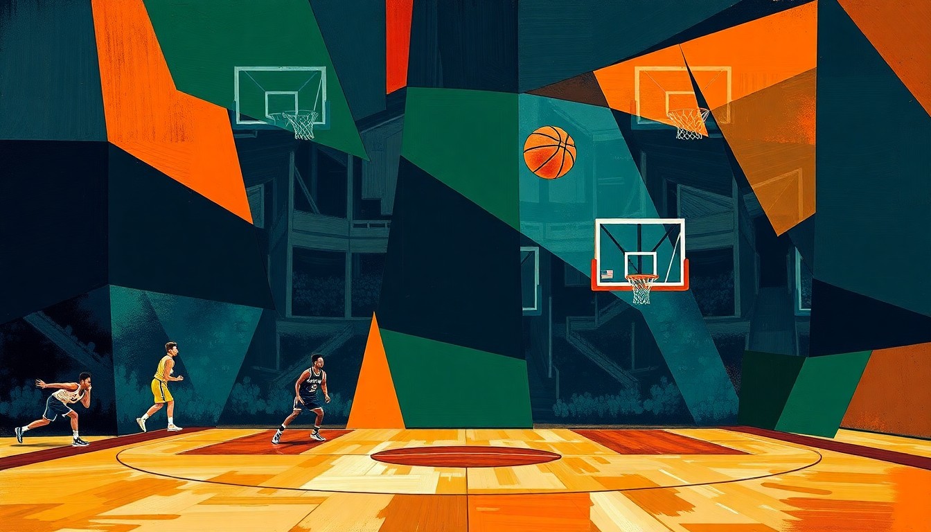 A cubist, geometric painting depicting a fragmented basketball game or match, with sharp planes of navy, green, and orange overlapping to create a sense of motion and tension.