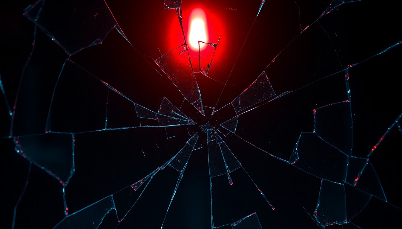 An abstract close-up photograph of shattered glass reflecting a dim, ominous red light, conceptually representing the fragility and darkness of the Kingpin's world after the loss of his wife.