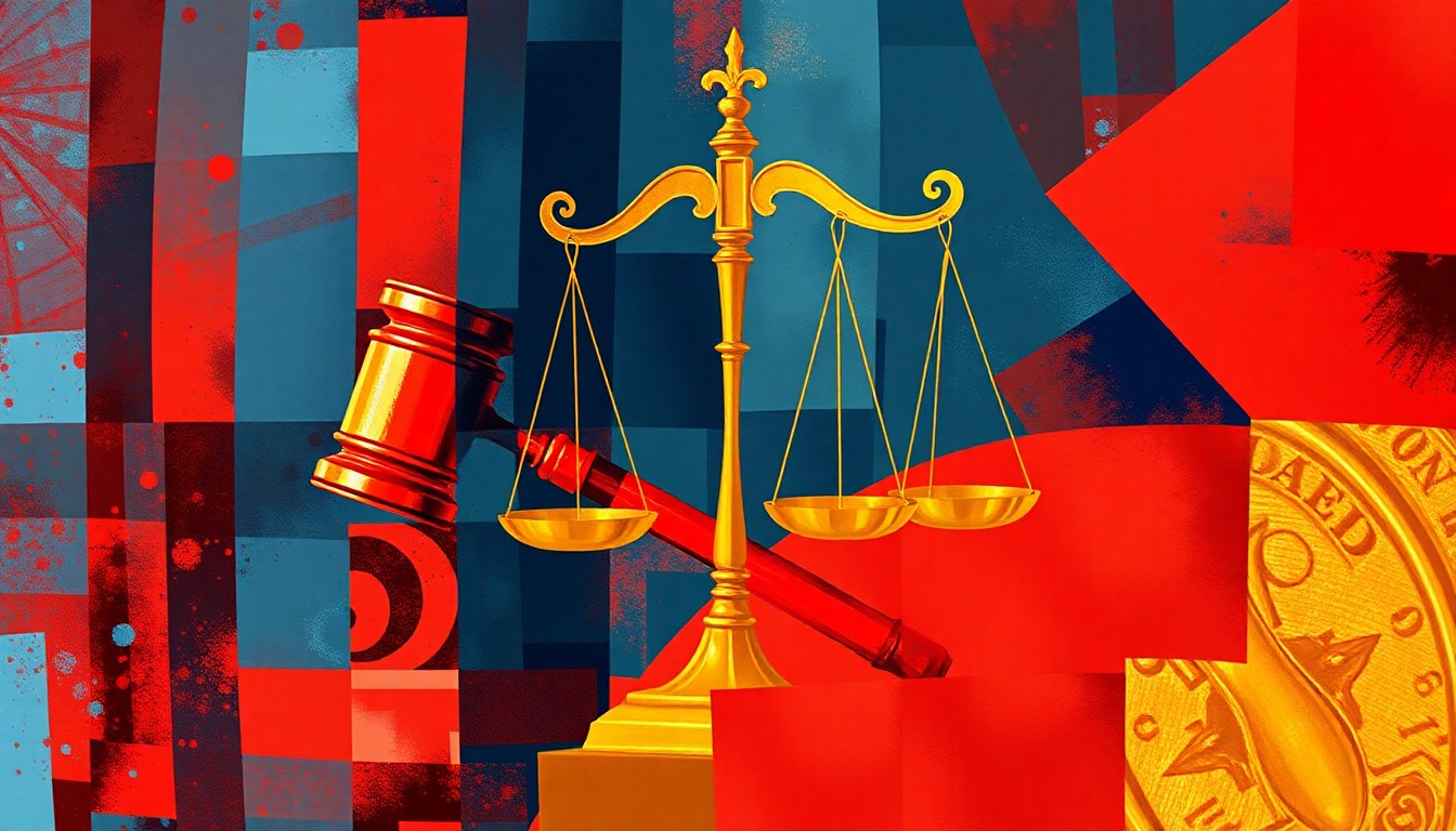 A dynamic, abstract painting composed of overlapping, fractured shapes in shades of red, blue, and gold, representing the government's efforts to crack down on financial fraud.