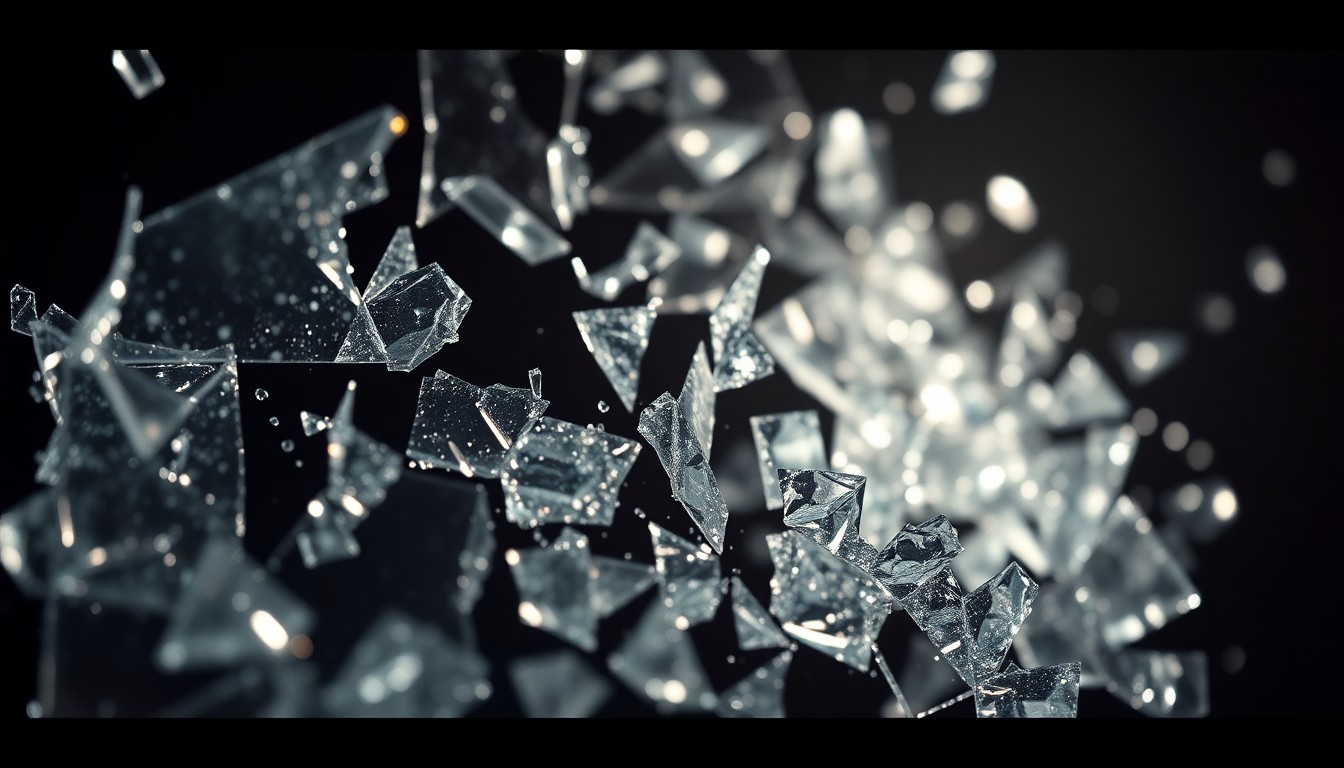 An extreme close-up photograph of shattered glass and glittering shards in dramatic high-contrast studio lighting, conceptually representing the fractured state of the show as it goes on hiatus.