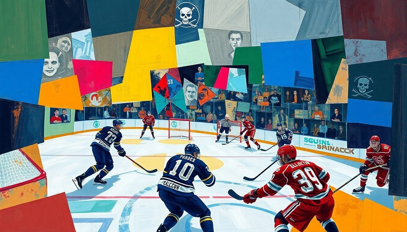 A fractured, geometric painting in vibrant colors depicting the action and movement of a hockey game, with the players and arena broken down into sharp, overlapping planes.