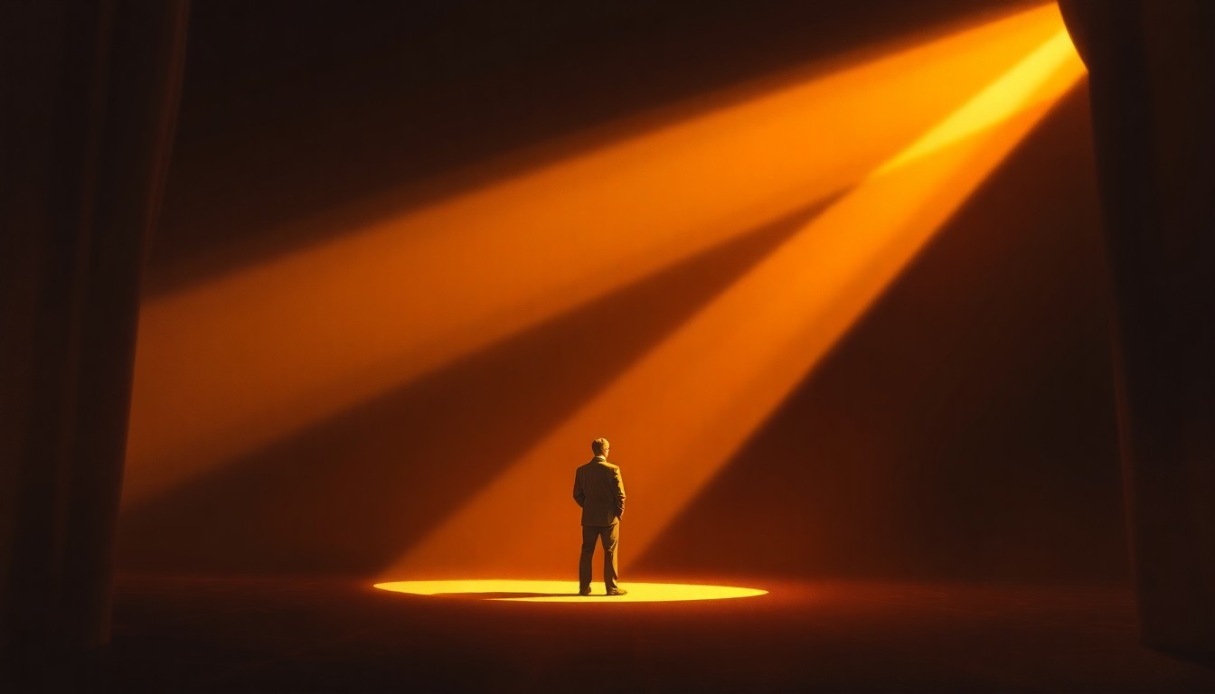 A cinematic painting depicting a solitary figure standing on a dimly lit stage, with warm sunlight and deep shadows creating a contemplative, nostalgic mood, conceptually representing the political legacy of the Bayh family in Indiana.
