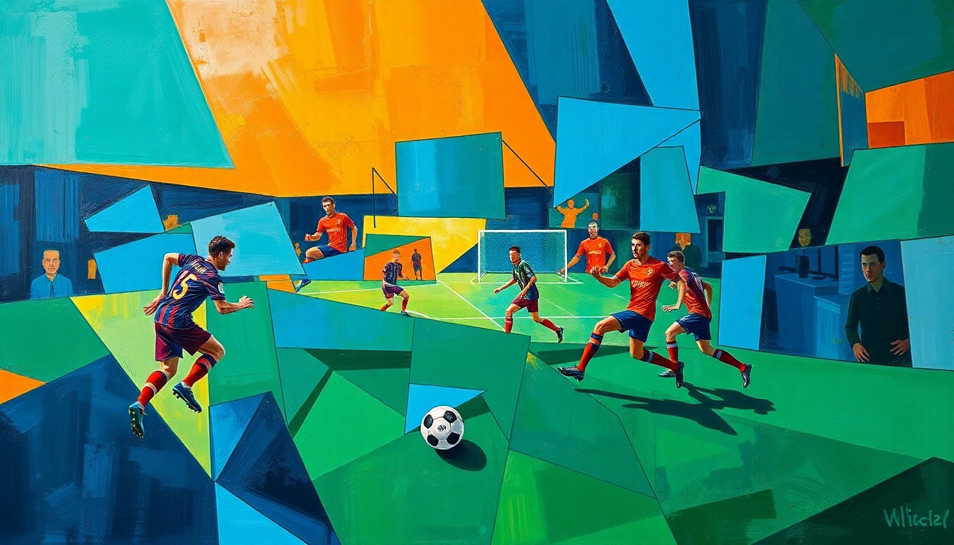 A cubist-style painting depicting the dynamic movements and energy of a soccer match, with players and the ball fragmented into sharp, overlapping geometric shapes in a vibrant color palette, capturing the league's rising young talent.