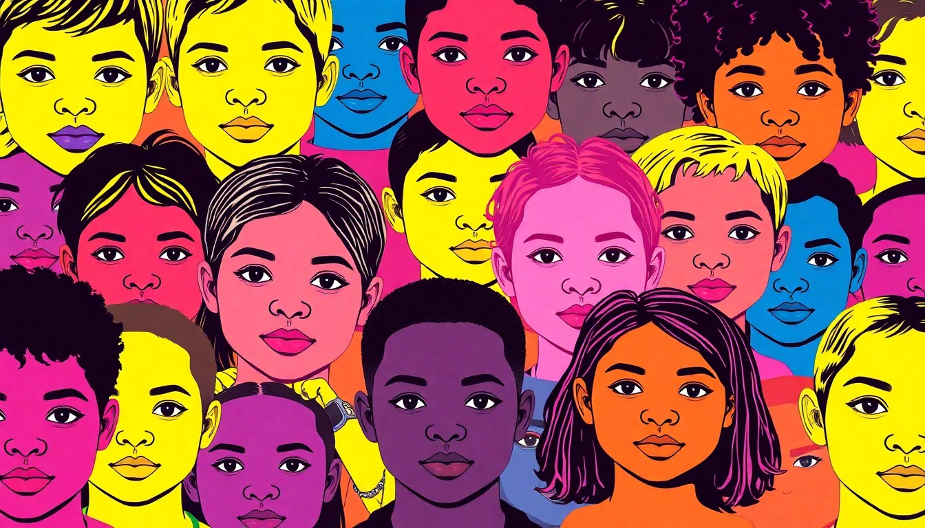 A high-contrast, silkscreen-style illustration featuring a grid of colorful, abstracted children's faces, representing the diverse group of participants in the violence prevention program.