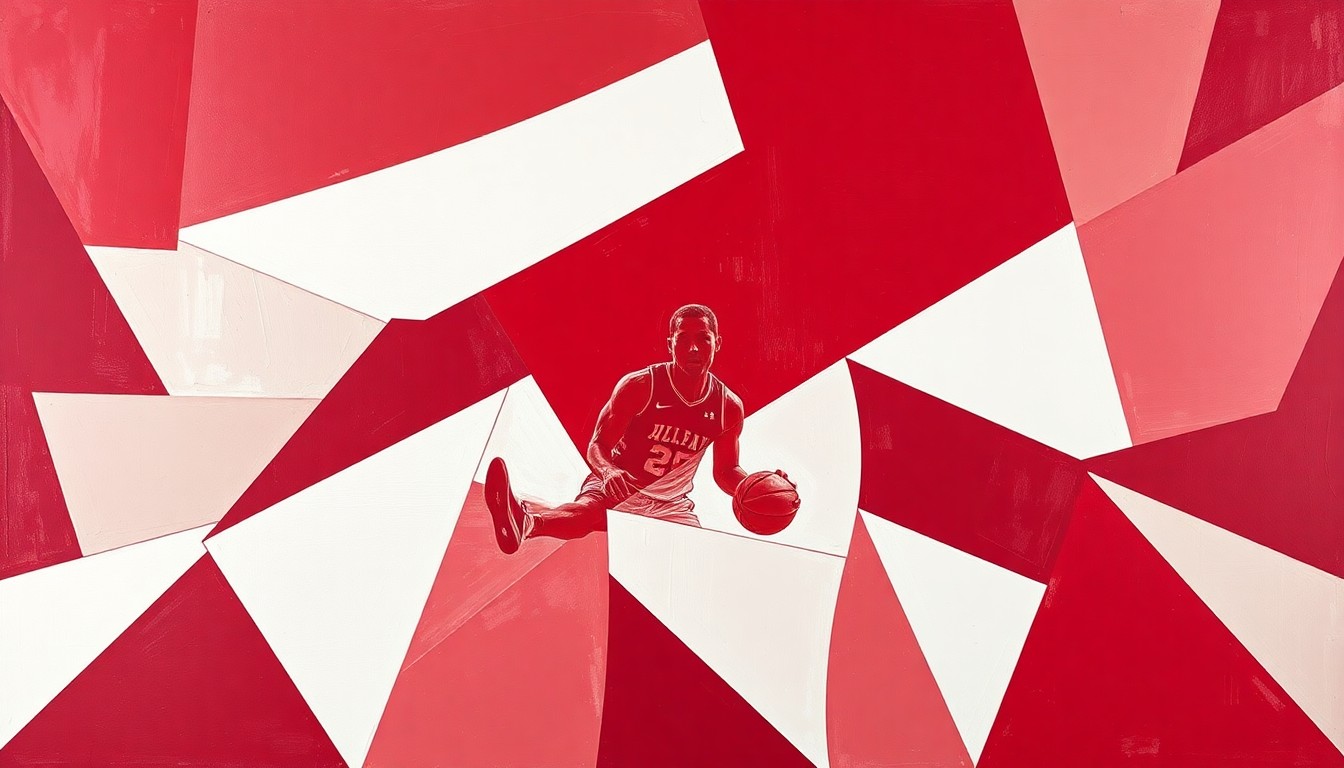 A cubist, geometric painting featuring overlapping planes of crimson red, white, and grey, conceptually representing the fragmented and uncertain outlook for the Alabama basketball team heading into the next season.