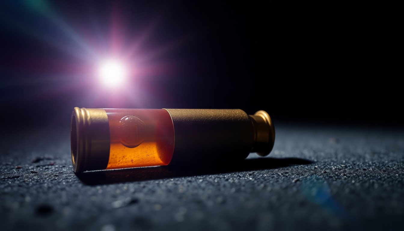 An extreme close-up of a spent shell casing on a dark, textured surface, conceptually representing the violence of a school shooting incident.